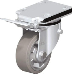 Blickle - 5" Diam x 1-31/32" Wide x 7-23/64" OAH Top Plate Mount Swivel Caster with Brake - Solid Rubber, 594 Lb Capacity, Ball Bearing, 5-1/2 x 4-3/8" Plate - Benchmark Tooling