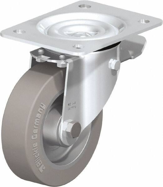 Blickle - 5" Diam x 1-37/64" Wide x 6-11/16" OAH Top Plate Mount Swivel Caster with Brake - Solid Rubber, 550 Lb Capacity, Ball Bearing, 5-1/2 x 4-3/8" Plate - Benchmark Tooling