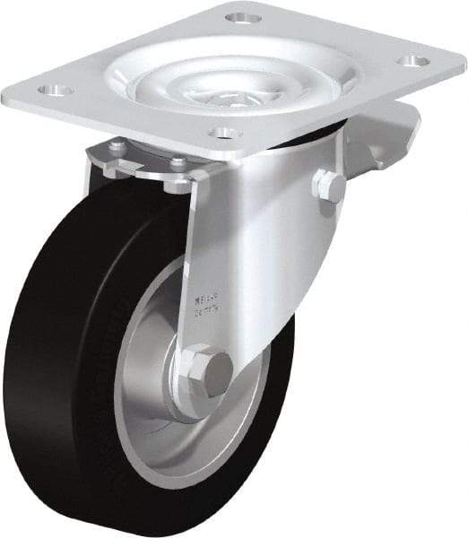 Blickle - 5" Diam x 1-37/64" Wide x 6-7/64" OAH Top Plate Mount Swivel Caster with Brake - Solid Rubber, 550 Lb Capacity, Ball Bearing, 5-1/2 x 4-3/8" Plate - Benchmark Tooling