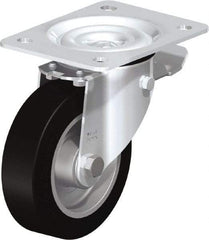 Blickle - 5" Diam x 1-37/64" Wide x 6-7/64" OAH Top Plate Mount Swivel Caster with Brake - Solid Rubber, 550 Lb Capacity, Ball Bearing, 5-1/2 x 4-3/8" Plate - Benchmark Tooling