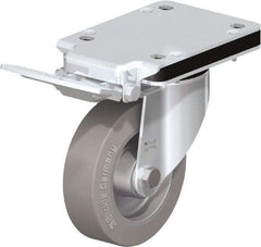 Blickle - 5" Diam x 1-37/64" Wide x 7-49/64" OAH Top Plate Mount Swivel Caster with Brake - Solid Rubber, 550 Lb Capacity, Ball Bearing, 5-1/2 x 4-3/8" Plate - Benchmark Tooling
