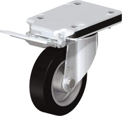 Blickle - 5" Diam x 1-37/64" Wide x 7-49/64" OAH Top Plate Mount Swivel Caster with Brake - Solid Rubber, 550 Lb Capacity, Ball Bearing, 5-1/2 x 4-3/8" Plate - Benchmark Tooling