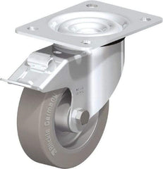 Blickle - 5" Diam x 1-37/64" Wide x 6-7/64" OAH Top Plate Mount Swivel Caster with Brake - Solid Rubber, 550 Lb Capacity, Ball Bearing, 5-1/2 x 4-3/8" Plate - Benchmark Tooling