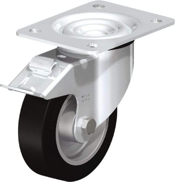 Blickle - 5" Diam x 1-37/64" Wide x 6-7/64" OAH Top Plate Mount Swivel Caster with Brake - Solid Rubber, 550 Lb Capacity, Ball Bearing, 5-1/2 x 4-3/8" Plate - Benchmark Tooling