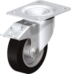 Blickle - 5" Diam x 1-37/64" Wide x 6-7/64" OAH Top Plate Mount Swivel Caster with Brake - Solid Rubber, 550 Lb Capacity, Ball Bearing, 5-1/2 x 4-3/8" Plate - Benchmark Tooling