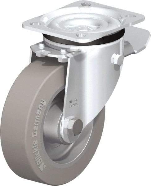 Blickle - 5" Diam x 1-37/64" Wide x 6-7/64" OAH Top Plate Mount Swivel Caster with Brake - Solid Rubber, 550 Lb Capacity, Ball Bearing, 3-15/16 x 3-3/8" Plate - Benchmark Tooling