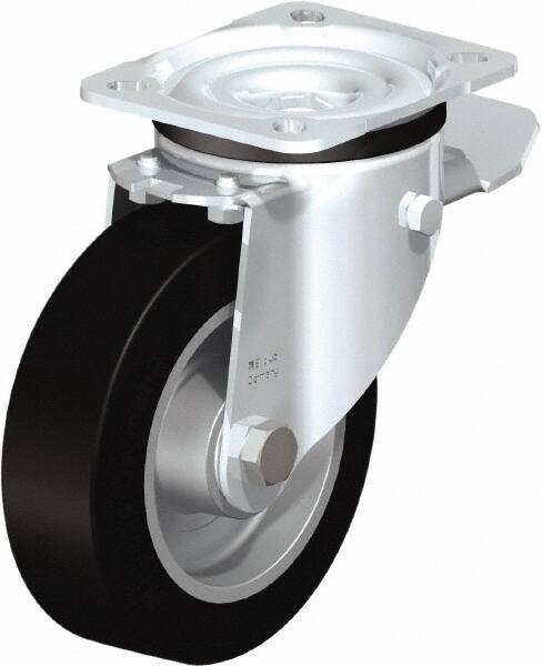 Blickle - 5" Diam x 1-37/64" Wide x 6-7/64" OAH Top Plate Mount Swivel Caster with Brake - Solid Rubber, 550 Lb Capacity, Ball Bearing, 3-15/16 x 3-3/8" Plate - Benchmark Tooling