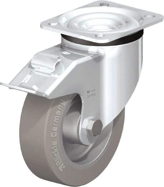 Blickle - 5" Diam x 1-37/64" Wide x 6-7/64" OAH Top Plate Mount Swivel Caster with Brake - Solid Rubber, 550 Lb Capacity, Ball Bearing, 3-15/16 x 3-3/8" Plate - Benchmark Tooling