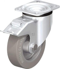 Blickle - 5" Diam x 1-37/64" Wide x 6-7/64" OAH Top Plate Mount Swivel Caster with Brake - Solid Rubber, 550 Lb Capacity, Ball Bearing, 3-15/16 x 3-3/8" Plate - Benchmark Tooling