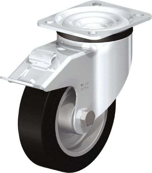 Blickle - 5" Diam x 1-37/64" Wide x 6-7/64" OAH Top Plate Mount Swivel Caster with Brake - Solid Rubber, 550 Lb Capacity, Ball Bearing, 3-15/16 x 3-3/8" Plate - Benchmark Tooling