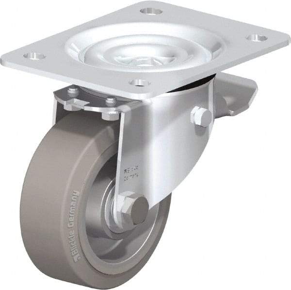 Blickle - 4" Diam x 1-37/64" Wide x 5-7/64" OAH Top Plate Mount Swivel Caster with Brake - Solid Rubber, 440 Lb Capacity, Ball Bearing, 5-1/2 x 4-3/8" Plate - Benchmark Tooling