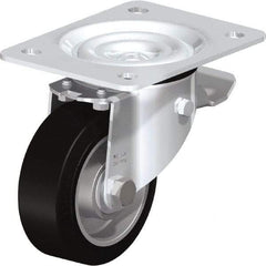 Blickle - 4" Diam x 1-37/64" Wide x 5-7/64" OAH Top Plate Mount Swivel Caster with Brake - Solid Rubber, 440 Lb Capacity, Ball Bearing, 5-1/2 x 4-3/8" Plate - Benchmark Tooling