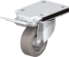 Blickle - 4" Diam x 1-37/64" Wide x 5-5/32" OAH Top Plate Mount Swivel Caster with Brake - Solid Rubber, 440 Lb Capacity, Ball Bearing, 5-1/2 x 4-3/8" Plate - Benchmark Tooling