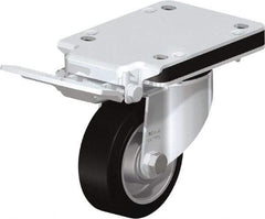 Blickle - 4" Diam x 1-37/64" Wide x 5-5/32" OAH Top Plate Mount Swivel Caster with Brake - Solid Rubber, 440 Lb Capacity, Ball Bearing, 5-1/2 x 4-3/8" Plate - Benchmark Tooling