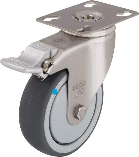 Blickle - 3" Diam x 1-1/4" Wide x 4-3/8" OAH Top Plate Mount Swivel Caster with Brake - Thermoplastic Rubber Elastomer (TPE), 220 Lb Capacity, Ball Bearing, 3-9/16 x 2-5/8" Plate - Benchmark Tooling