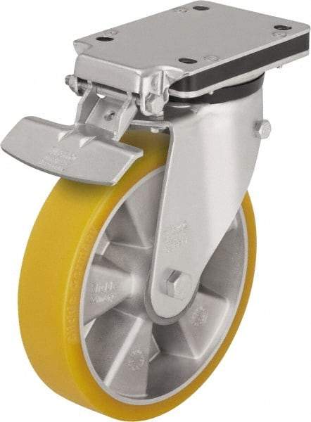Blickle - 8" Diam x 1-31/32" Wide x 10-5/16" OAH Top Plate Mount Swivel Caster with Brake - Polyurethane-Elastomer Blickle Extrathane, 1,320 Lb Capacity, Ball Bearing, 5-1/2 x 4-3/8" Plate - Benchmark Tooling