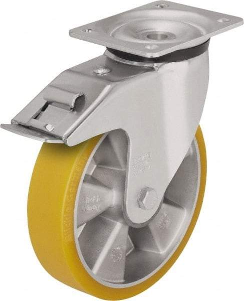 Blickle - 6-1/2" Diam x 1-31/32" Wide x 7-61/64" OAH Top Plate Mount Swivel Caster with Brake - Polyurethane-Elastomer Blickle Extrathane, 1,210 Lb Capacity, Ball Bearing, 5-1/2 x 4-3/8" Plate - Benchmark Tooling