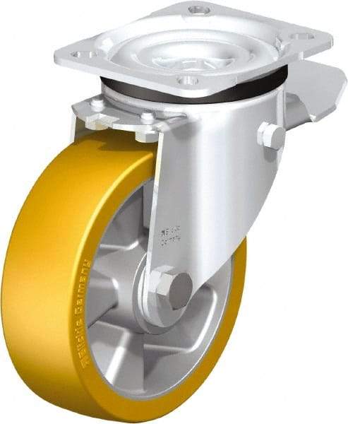 Blickle - 5" Diam x 1-9/16" Wide x 6-7/64" OAH Top Plate Mount Swivel Caster with Brake - Polyurethane-Elastomer Blickle Extrathane, 770 Lb Capacity, Ball Bearing, 3-15/16 x 3-3/8" Plate - Benchmark Tooling