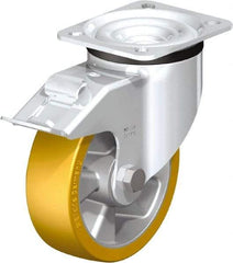 Blickle - 5" Diam x 1-9/16" Wide x 6-7/64" OAH Top Plate Mount Swivel Caster with Brake - Polyurethane-Elastomer Blickle Extrathane, 770 Lb Capacity, Ball Bearing, 3-15/16 x 3-3/8" Plate - Benchmark Tooling