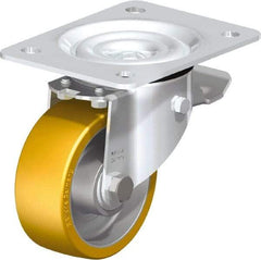Blickle - 4" Diam x 1-9/16" Wide x 5-7/64" OAH Top Plate Mount Swivel Caster with Brake - Polyurethane-Elastomer Blickle Extrathane, 550 Lb Capacity, Ball Bearing, 5-1/2 x 4-3/8" Plate - Benchmark Tooling