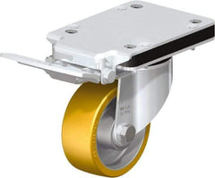 Blickle - 4" Diam x 1-9/16" Wide x 5-25/32" OAH Top Plate Mount Swivel Caster with Brake - Polyurethane-Elastomer Blickle Extrathane, 550 Lb Capacity, Ball Bearing, 5-1/2 x 4-3/8" Plate - Benchmark Tooling