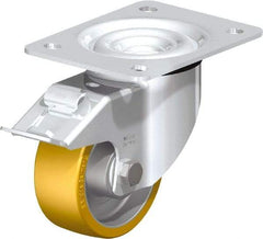 Blickle - 4" Diam x 1-9/16" Wide x 5-7/64" OAH Top Plate Mount Swivel Caster with Brake - Polyurethane-Elastomer Blickle Extrathane, 550 Lb Capacity, Ball Bearing, 5-1/2 x 4-3/8" Plate - Benchmark Tooling