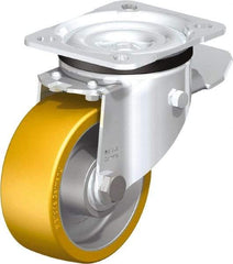 Blickle - 4" Diam x 1-9/16" Wide x 5-7/64" OAH Top Plate Mount Swivel Caster with Brake - Polyurethane-Elastomer Blickle Extrathane, 550 Lb Capacity, Ball Bearing, 3-15/16 x 3-3/8" Plate - Benchmark Tooling