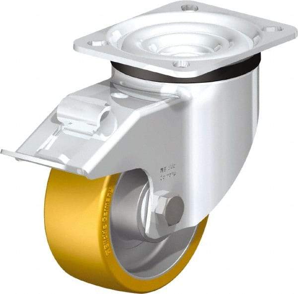 Blickle - 4" Diam x 1-9/16" Wide x 5-7/64" OAH Top Plate Mount Swivel Caster with Brake - Polyurethane-Elastomer Blickle Extrathane, 550 Lb Capacity, Ball Bearing, 3-15/16 x 3-3/8" Plate - Benchmark Tooling