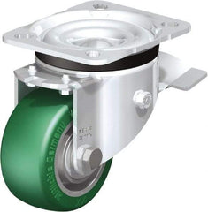 Blickle - 3" Diam x 1-9/16" Wide x 4-21/64" OAH Top Plate Mount Swivel Caster with Brake - Polyurethane-Elastomer Blickle Softhane, 506 Lb Capacity, Ball Bearing, 3-15/16 x 3-3/8" Plate - Benchmark Tooling