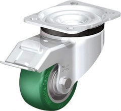 Blickle - 3" Diam x 1-9/16" Wide x 4-21/64" OAH Top Plate Mount Swivel Caster with Brake - Polyurethane-Elastomer Blickle Softhane, 506 Lb Capacity, Ball Bearing, 3-15/16 x 3-3/8" Plate - Benchmark Tooling