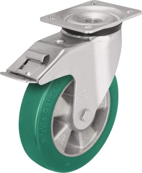 Blickle - 8" Diam x 2" Wide x 9-21/32" OAH Top Plate Mount Swivel Caster with Brake - Polyurethane-Elastomer Blickle Softhane, 1,320 Lb Capacity, Ball Bearing, 5-1/2 x 4-3/8" Plate - Benchmark Tooling