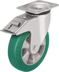 Blickle - 6-1/2" Diam x 2" Wide x 7-61/64" OAH Top Plate Mount Swivel Caster with Brake - Polyurethane-Elastomer Blickle Softhane, 1,210 Lb Capacity, Ball Bearing, 5-1/2 x 4-3/8" Plate - Benchmark Tooling