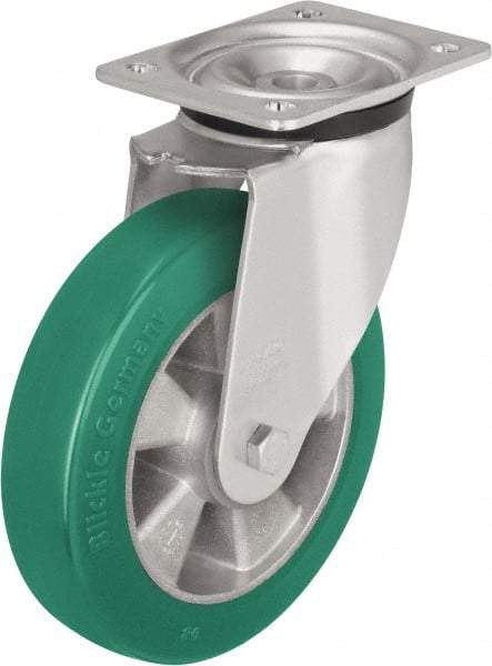 Blickle - 8" Diam x 2" Wide x 9-21/32" OAH Top Plate Mount Swivel Caster - Polyurethane-Elastomer Blickle Softhane, 1,320 Lb Capacity, Ball Bearing, 5-1/2 x 4-3/8" Plate - Benchmark Tooling