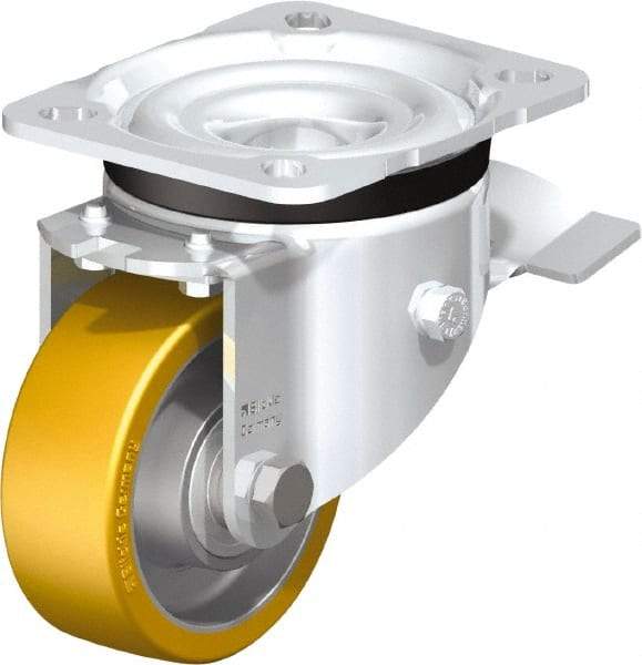 Blickle - 3" Diam x 1-11/64" Wide x 4-21/64" OAH Top Plate Mount Swivel Caster with Brake - Polyurethane-Elastomer Blickle Extrathane, 396 Lb Capacity, Ball Bearing, 3-15/16 x 3-3/8" Plate - Benchmark Tooling