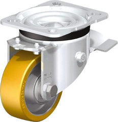 Blickle - 3" Diam x 1-11/64" Wide x 4-21/64" OAH Top Plate Mount Swivel Caster with Brake - Polyurethane-Elastomer Blickle Extrathane, 396 Lb Capacity, Ball Bearing, 3-15/16 x 3-3/8" Plate - Benchmark Tooling