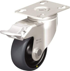 Blickle - 3" Diam x 1-1/4" Wide x 4-3/8" OAH Top Plate Mount Swivel Caster with Brake - Thermoplastic Rubber Elastomer (TPE), 143 Lb Capacity, Plain Bore Bearing, 3-9/16 x 2-5/8" Plate - Benchmark Tooling