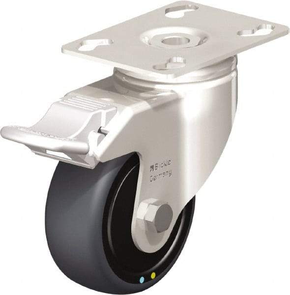 Blickle - 3" Diam x 1-1/4" Wide x 4-3/8" OAH Top Plate Mount Swivel Caster with Brake - Thermoplastic Rubber Elastomer (TPE), 143 Lb Capacity, Ball Bearing, 3-9/16 x 2-5/8" Plate - Benchmark Tooling