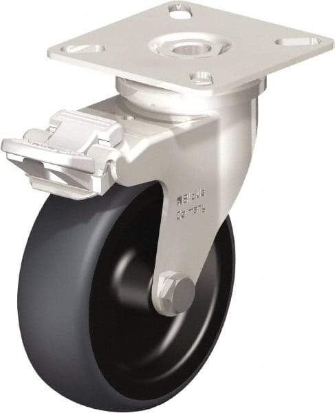 Blickle - 3" Diam x 63/64" Wide x 3-15/16" OAH Top Plate Mount Swivel Caster with Brake - Thermoplastic Rubber Elastomer (TPE), 165 Lb Capacity, Plain Bore Bearing, 2-3/8 x 2-3/8" Plate - Benchmark Tooling