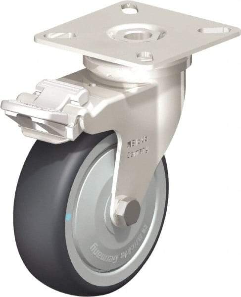 Blickle - 3" Diam x 63/64" Wide x 3-15/16" OAH Top Plate Mount Swivel Caster with Brake - Thermoplastic Rubber Elastomer (TPE), 165 Lb Capacity, Ball Bearing, 2-3/8 x 2-3/8" Plate - Benchmark Tooling