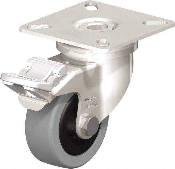 Blickle - 2" Diam x 45/64" Wide x 2-51/64" OAH Top Plate Mount Swivel Caster with Brake - Solid Rubber, 88 Lb Capacity, Plain Bore Bearing, 2-3/8 x 2-3/8" Plate - Benchmark Tooling