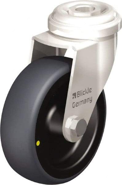 Blickle - 3" Diam x 63/64" Wide x 3-27/32" OAH Hollow Kingpin Mount Swivel Caster - Thermoplastic Rubber Elastomer (TPE), 110 Lb Capacity, Plain Bore Bearing, Hollow Kingpin Stem - Benchmark Tooling