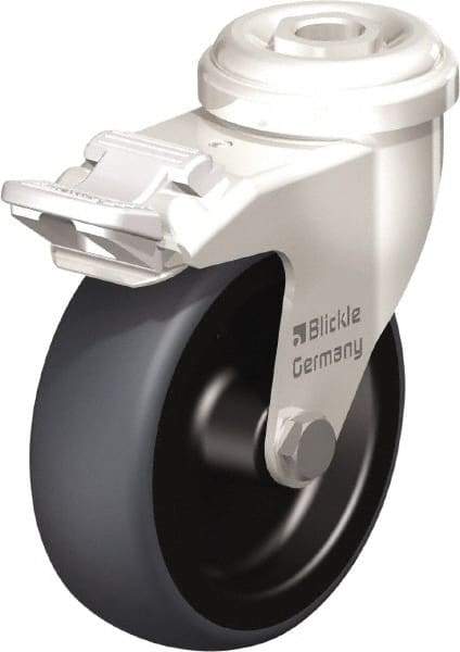 Blickle - 3" Diam x 63/64" Wide x 3-27/32" OAH Hollow Kingpin Mount Swivel Caster with Brake - Thermoplastic Rubber Elastomer (TPE), 165 Lb Capacity, Plain Bore Bearing, Hollow Kingpin Stem - Benchmark Tooling