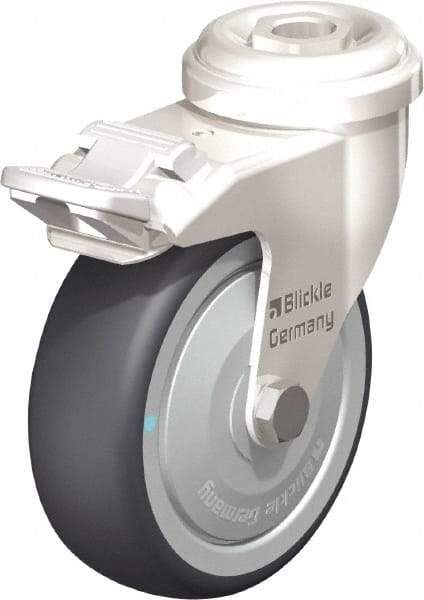 Blickle - 3" Diam x 63/64" Wide x 3-27/32" OAH Hollow Kingpin Mount Swivel Caster with Brake - Thermoplastic Rubber Elastomer (TPE), 165 Lb Capacity, Ball Bearing, Hollow Kingpin Stem - Benchmark Tooling