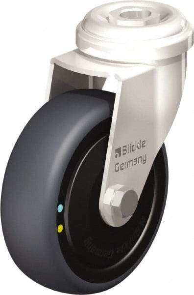 Blickle - 3" Diam x 63/64" Wide x 3-27/32" OAH Hollow Kingpin Mount Swivel Caster - Thermoplastic Rubber Elastomer (TPE), 110 Lb Capacity, Ball Bearing, Hollow Kingpin Stem - Benchmark Tooling