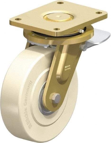 Blickle - 8" Diam x 2-5/32" Wide x 10-1/32" OAH Top Plate Mount Swivel Caster with Brake - Impact-Resistant Cast Nylon, 6,600 Lb Capacity, Ball Bearing, 6-7/8 x 5-1/2" Plate - Benchmark Tooling