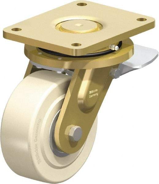 Blickle - 6" Diam x 2-5/32" Wide x 8-5/64" OAH Top Plate Mount Swivel Caster with Brake - Impact-Resistant Cast Nylon, 5,500 Lb Capacity, Ball Bearing, 6-7/8 x 5-1/2" Plate - Benchmark Tooling