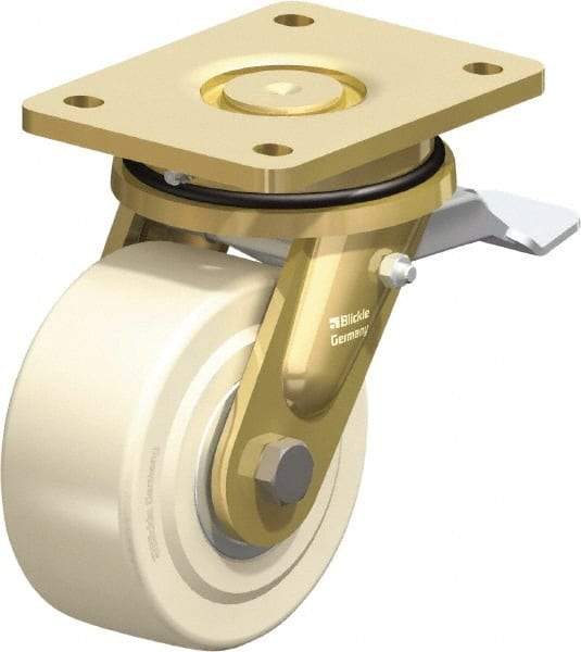 Blickle - 5" Diam x 2-5/32" Wide x 6-11/16" OAH Top Plate Mount Swivel Caster with Brake - Impact-Resistant Cast Nylon, 3,850 Lb Capacity, Ball Bearing, 5-1/2 x 4-3/8" Plate - Benchmark Tooling