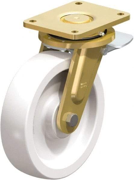 Blickle - 10" Diam x 2-9/16" Wide x 12" OAH Top Plate Mount Swivel Caster with Brake - Impact-Resistant Nylon, 4,400 Lb Capacity, Plain Bore Bearing, 6-7/8 x 5-1/2" Plate - Benchmark Tooling
