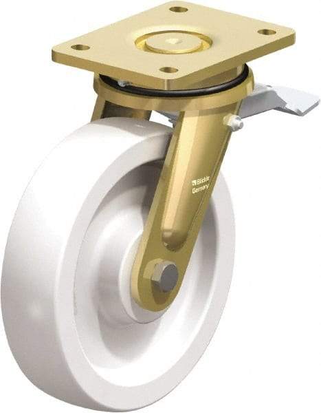 Blickle - 8" Diam x 1-31/32" Wide x 9-41/64" OAH Top Plate Mount Swivel Caster with Brake - Impact-Resistant Nylon, 3,300 Lb Capacity, Plain Bore Bearing, 5-1/2 x 4-3/8" Plate - Benchmark Tooling