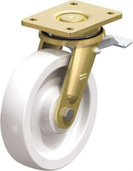 Blickle - 8" Diam x 1-31/32" Wide x 9-41/64" OAH Top Plate Mount Swivel Caster with Brake - Impact-Resistant Nylon, 3,300 Lb Capacity, Plain Bore Bearing, 5-1/2 x 4-3/8" Plate - Benchmark Tooling